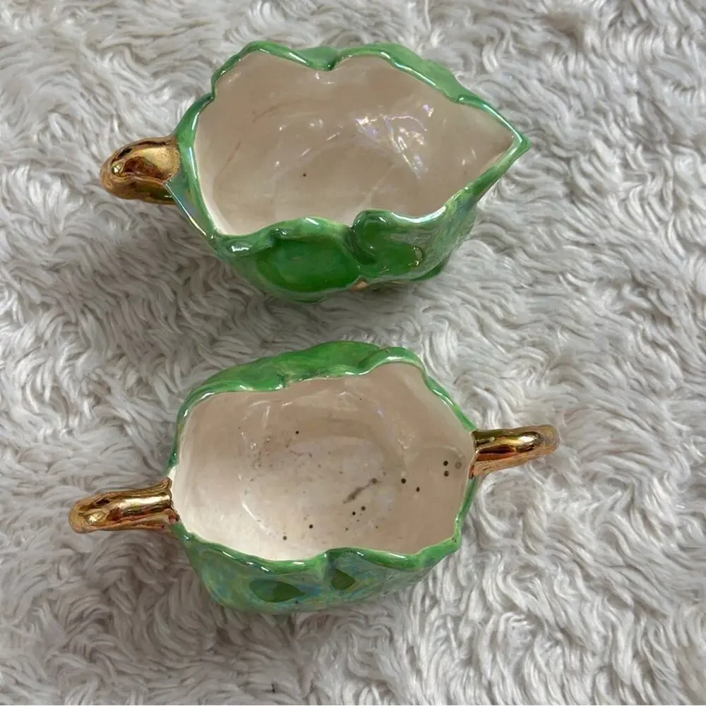 Vintage Midcentury 50s Green Floral Ceramic Bowls with Gold Handles Cream Sugar
